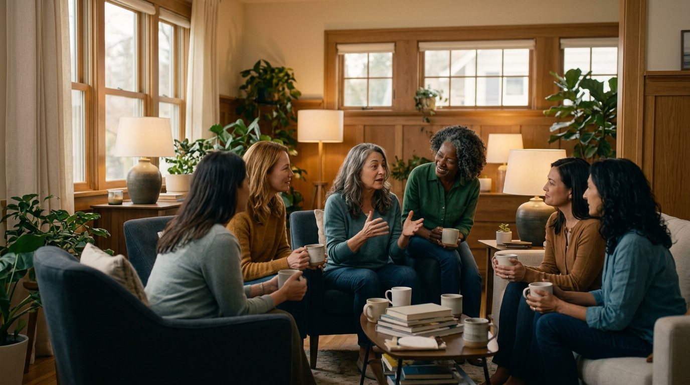 Women gathered in The Grove, deep in conversation over coffee