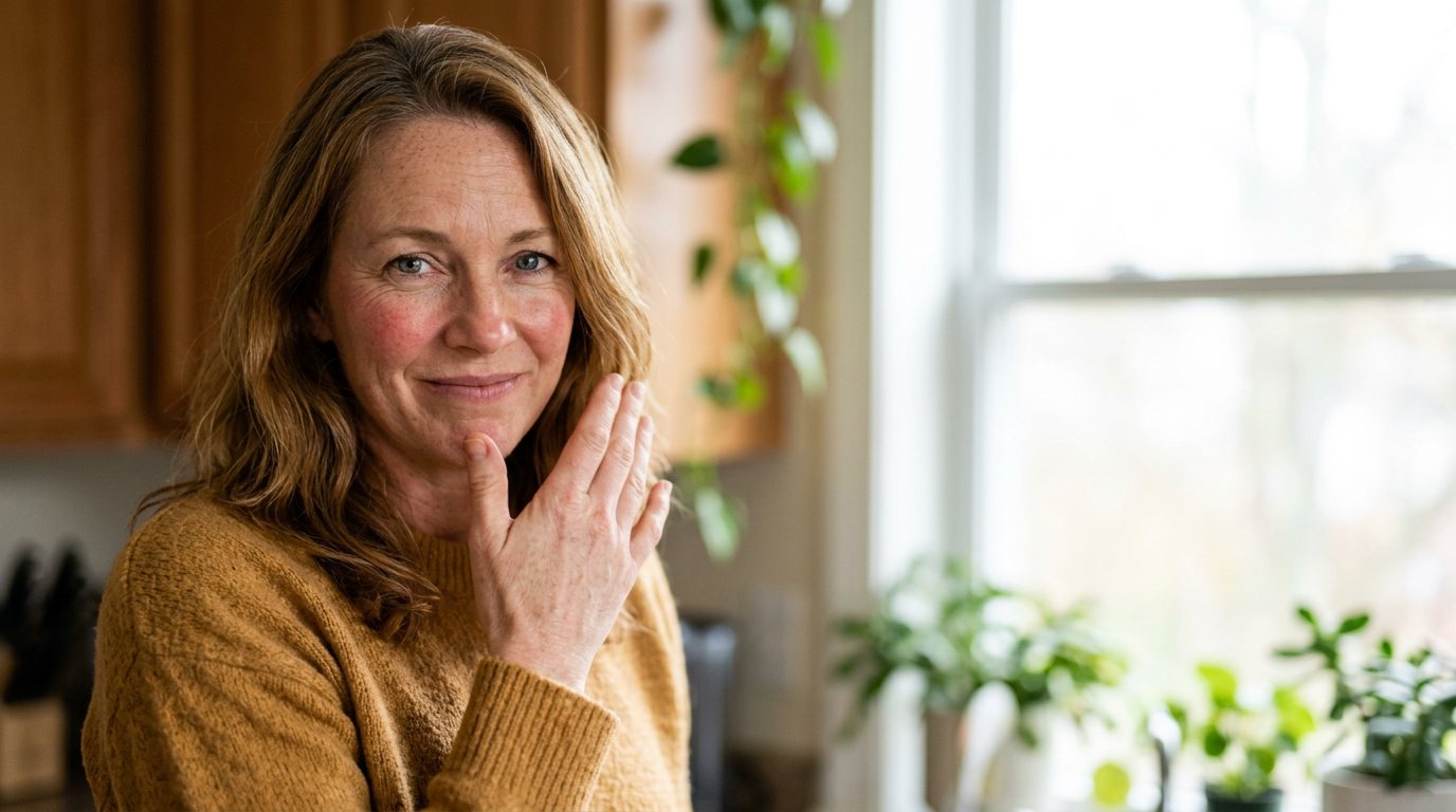 Claire pausing in her kitchen