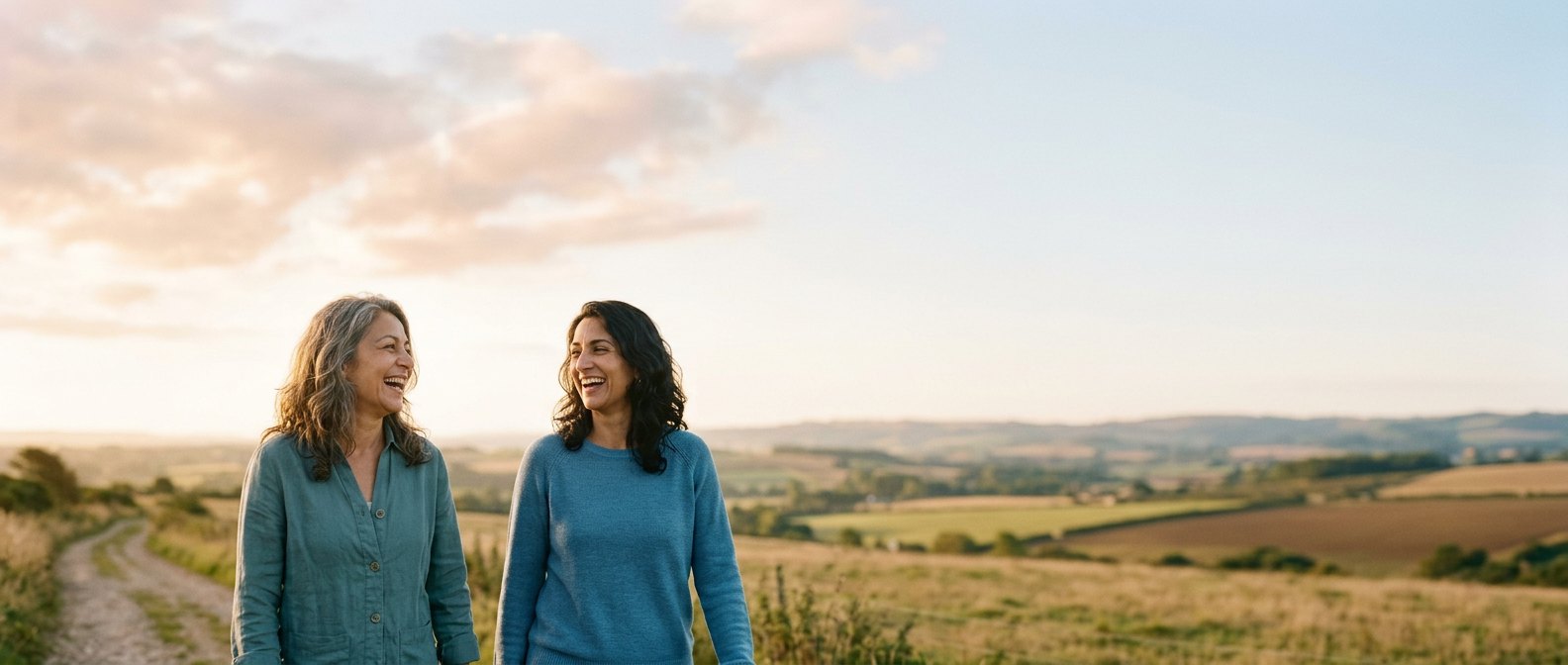 Two women walking together, laughing, in warm evening light